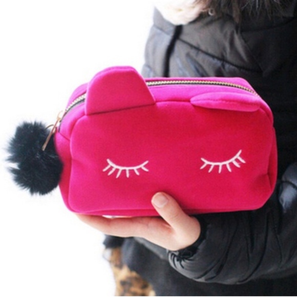 Handbags - Pink Velvet Makeup Case with Fur Pompom